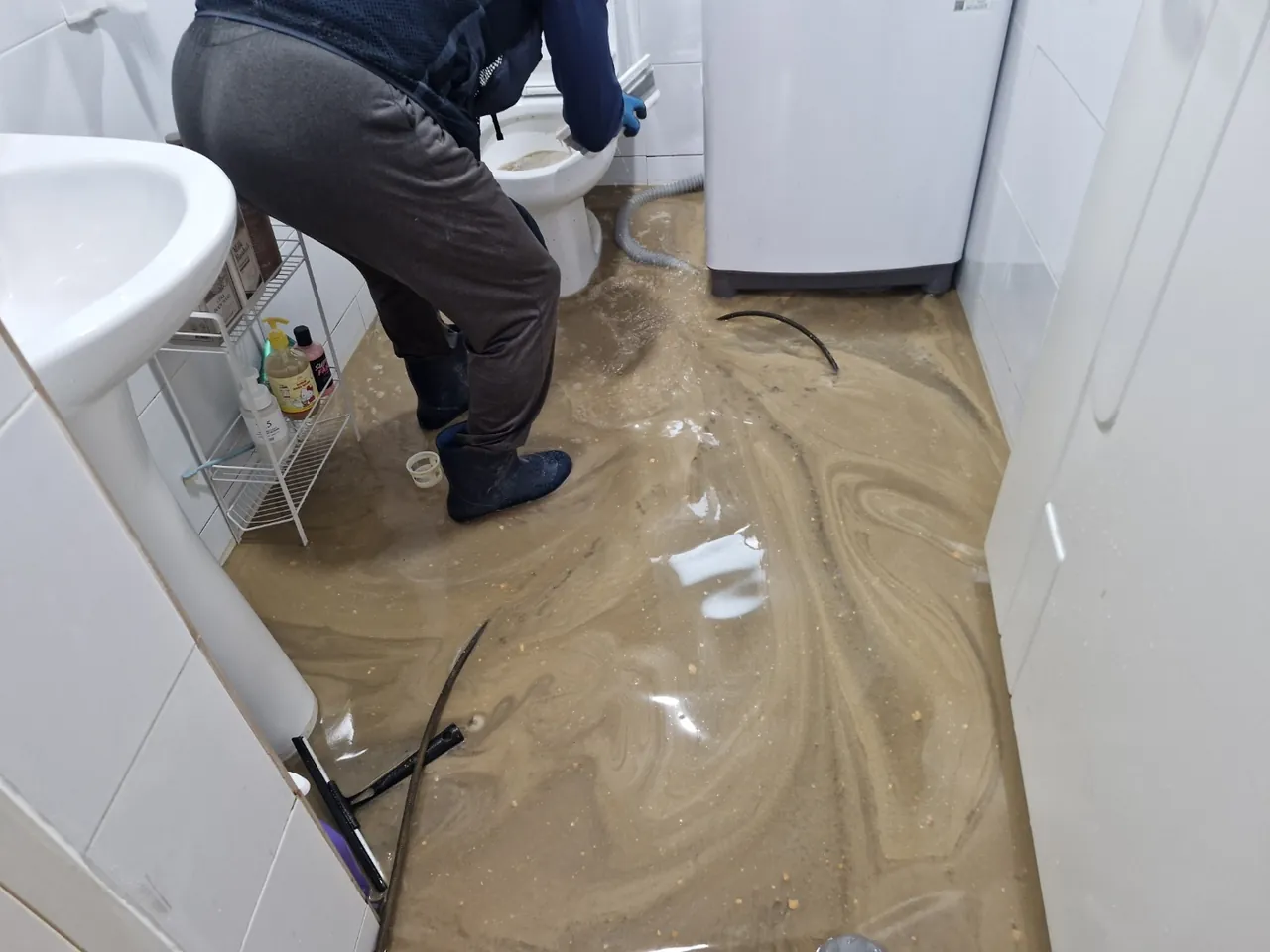 욕실 하수구 역류로 바닥에 오수가 올라온 실제 현장